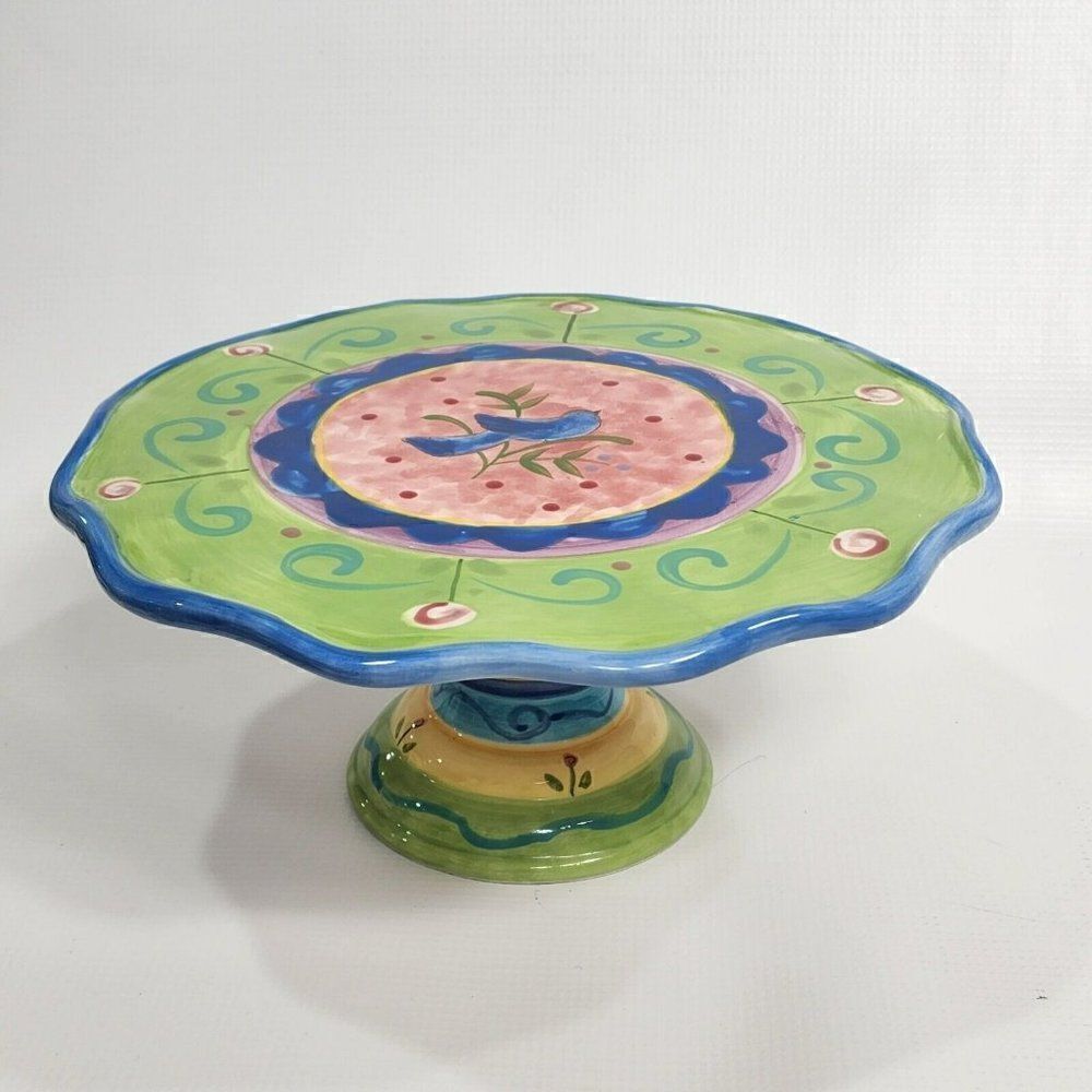 Certified International 10" Green Bird Ceramic Cake Stand Pedestal
